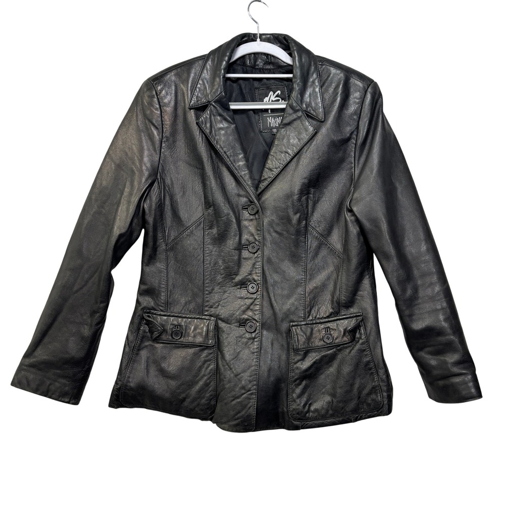 Maxima Leather Blazer Jacket Women Large Black Button Front Flap Pockets Vintage